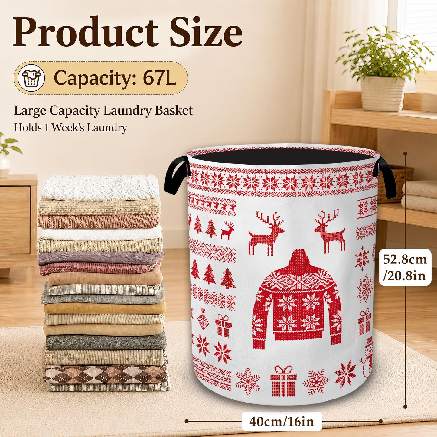 Christmas Cloth Laundry Basket with Handles, Foldable Tall Oxford Clothes Hamper, Lightweight Water-Resistant Storage Bin for Bedroom Bathroom College Dorm, 16 x 20.8 Inch