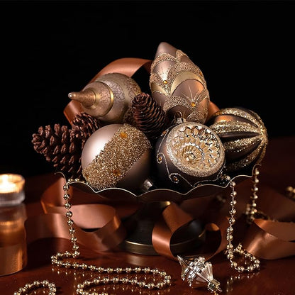 Valery Madelyn Glass Christmas Ornaments Set, 10ct Bronze Copper and Gold Mercury Blown Glass Christmas Tree Ball Decorations, Luxury Xmas Hanging Teardrop Finial Faceted Reflector for Holiday Decor
