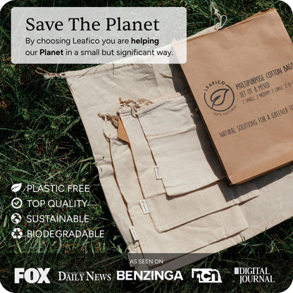LEAFICO Cotton Storage Bags – X-Large 14x17 Inch (6-Pack) – Reusable Muslin Bags with Drawstrings – Biodegradable Canvas Fabric Sacks – Perfect for Bread, Bulk Produce, Potatoes, Onions, Shoes