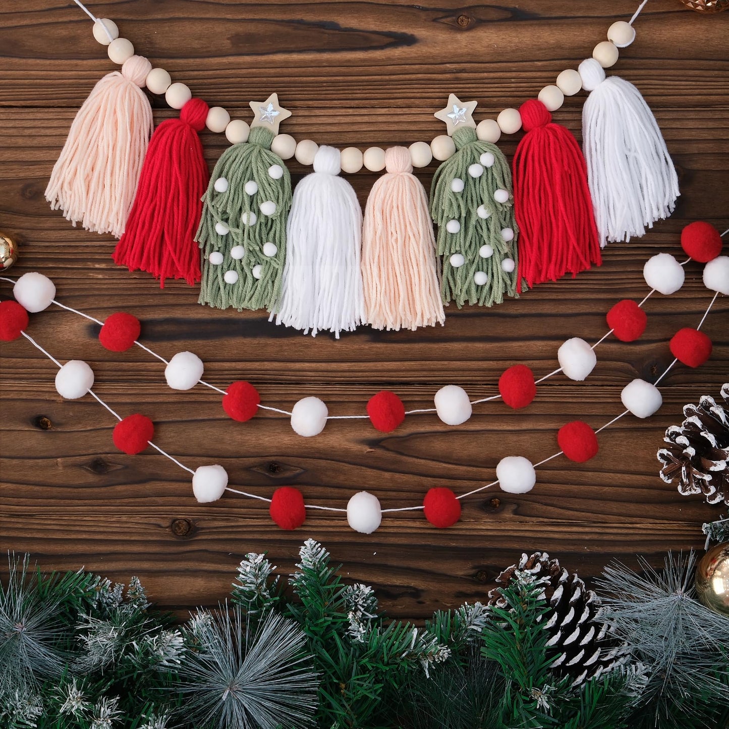 Christmas Tassel Garland Banner With Wood Beads And Pom Pom Garlands Wall Hanging Home Decor For Christmas