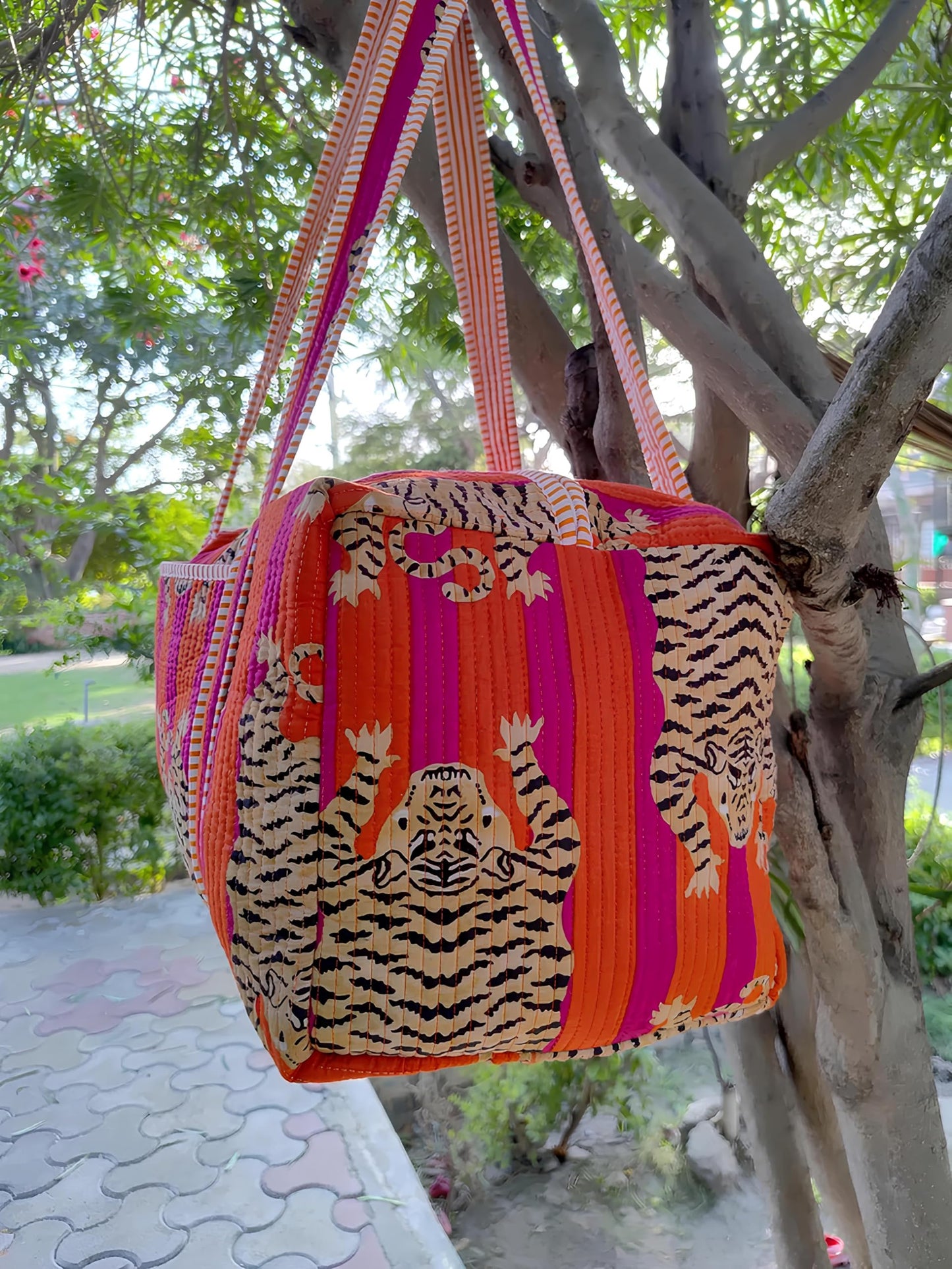 INDACORIFY Indian Cotton Tiger Print Quilted Duffle Bag Large Size Beautiful Print Weekender Bags Handmade Shoulder Travel Overnight Bag