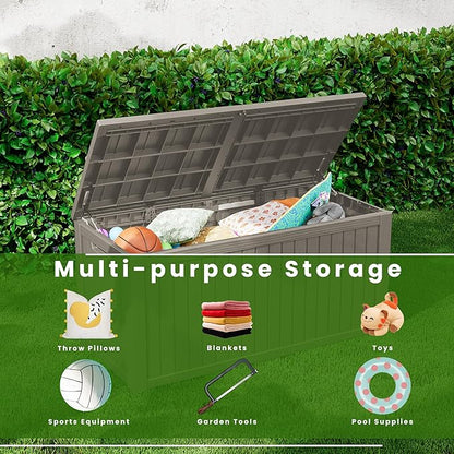 200 Gallon Coffee Resin Deck Box - Rustic Wood-Look, Waterproof & Lockable Outdoor Storage for Garden Tools, Patio Essentials - All-Weather Container for Farmhouse Decks, Backyards