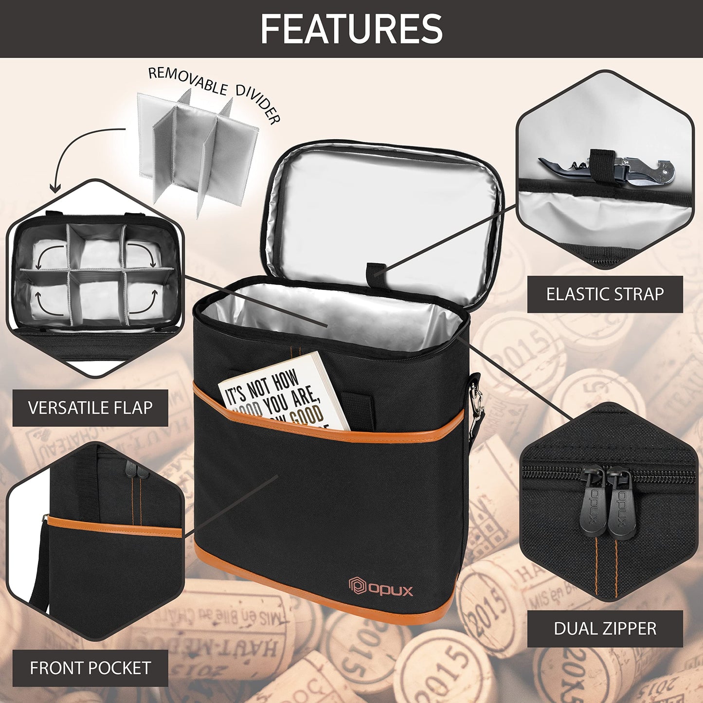 opux 6 Bottle Carrier Tote | Insulated Padded Wine Cooler Bag for Travel. Picnic, BYOB | Portable Leakproof Wine Tote Bag for Dinner, Party, Christmas, Wine Gift for Women, Men (Brown)
