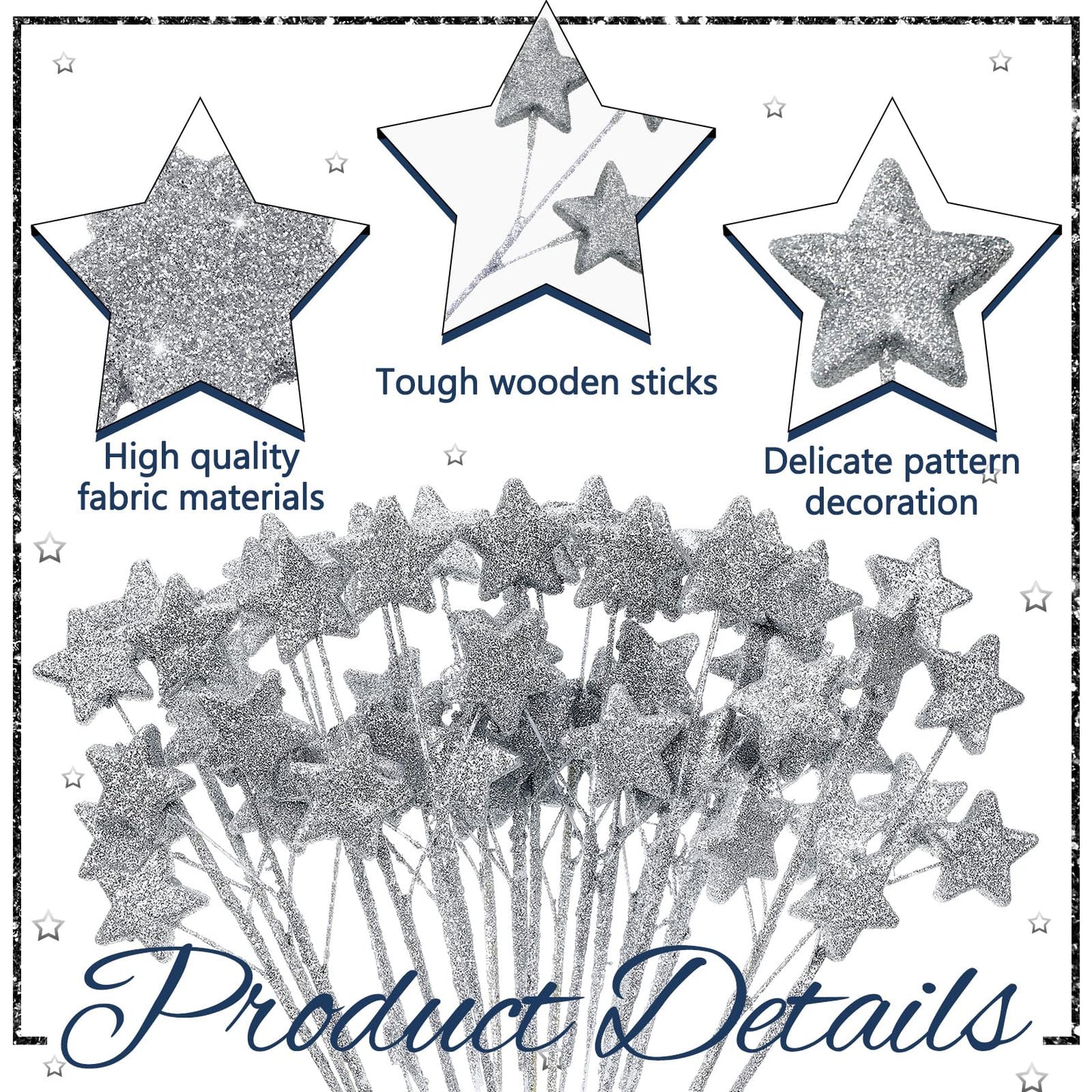 Wavwavw 24 Pcs Glitter Star Picks 13.8'' Sparkly Star Stem Picks Decoration Foam Vase Sticks Centerpiece Table Craft Vase Filler for Wreath Birthday Wedding Bridal Shower Arrangement(Silver)