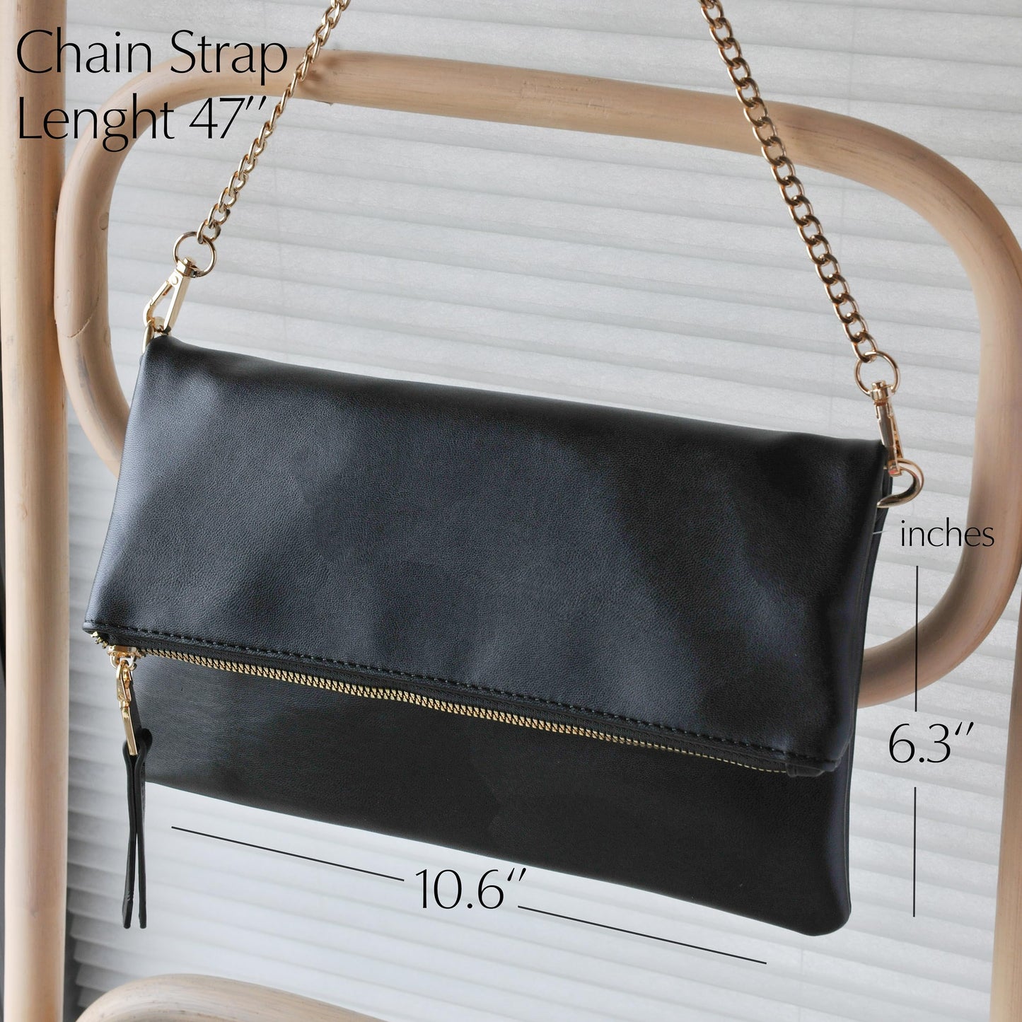 Women's Zipper Foldover Clutch Vegan Leather Envelope Cross body Bag with Chain Strap (Black)