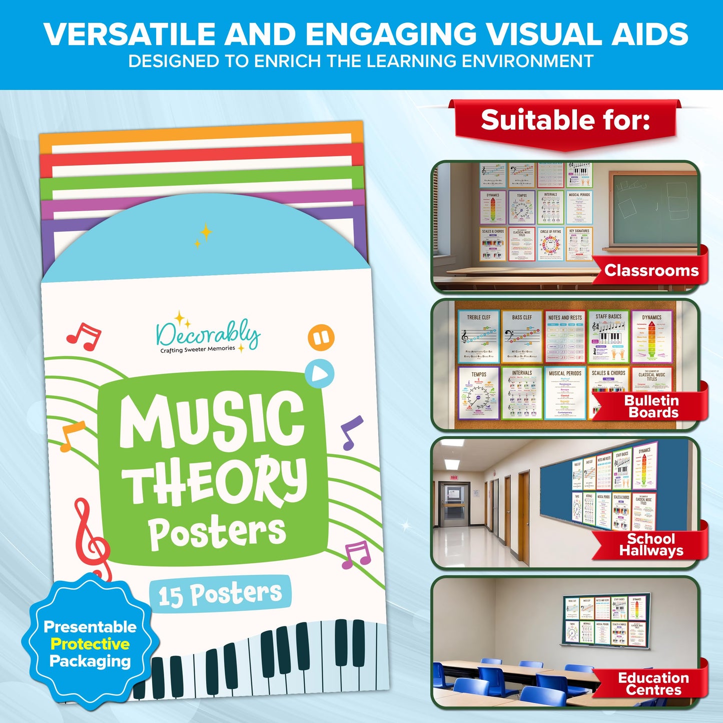 Decorably 15 Music Theory Posters for Classroom, 11x14in Educational, Matte-Laminated for Studio, Learning Spaces, School Hallways, Bulletin Boards, Home Study Room