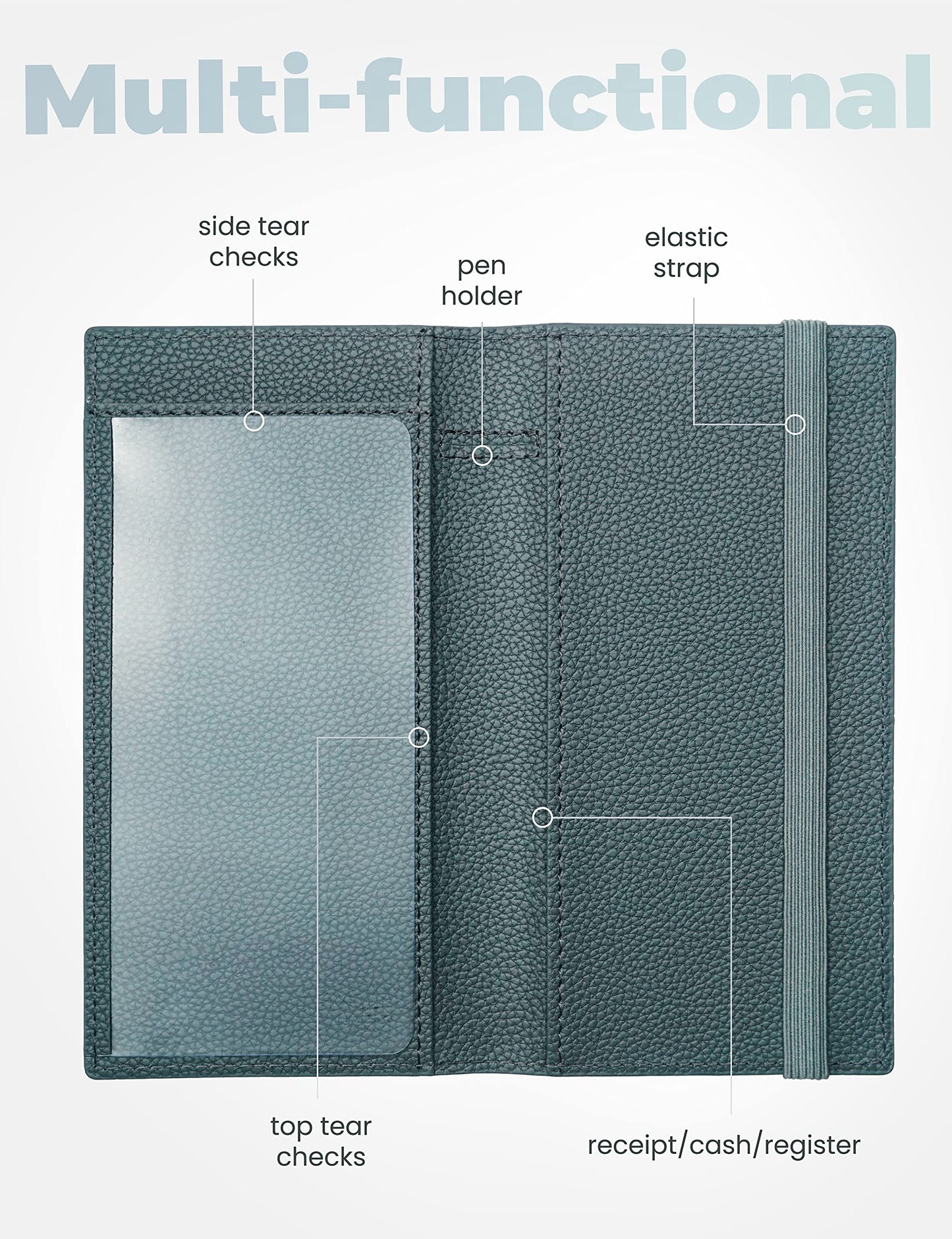 Yarnic Checkbook Cover for Personal Checkbook, Checkbook Holder with Pen Holder & Built-in Clear Plastic Divider for Duplicate Checks (Grey Green)