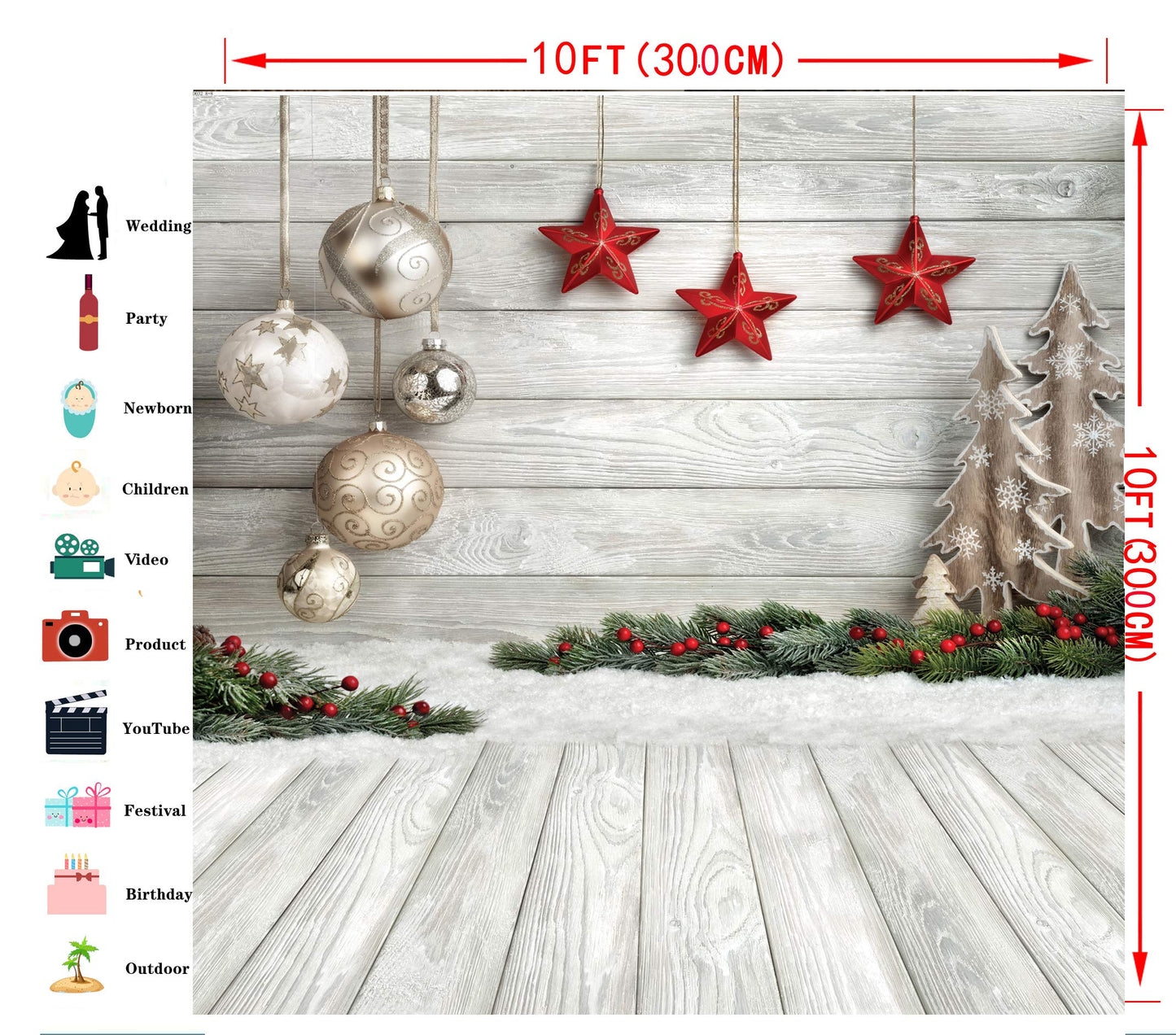 Dudaacvt 10x10ft Christmas Backdrop with Xmas Tree, Balls, White Wood Floor for Photography