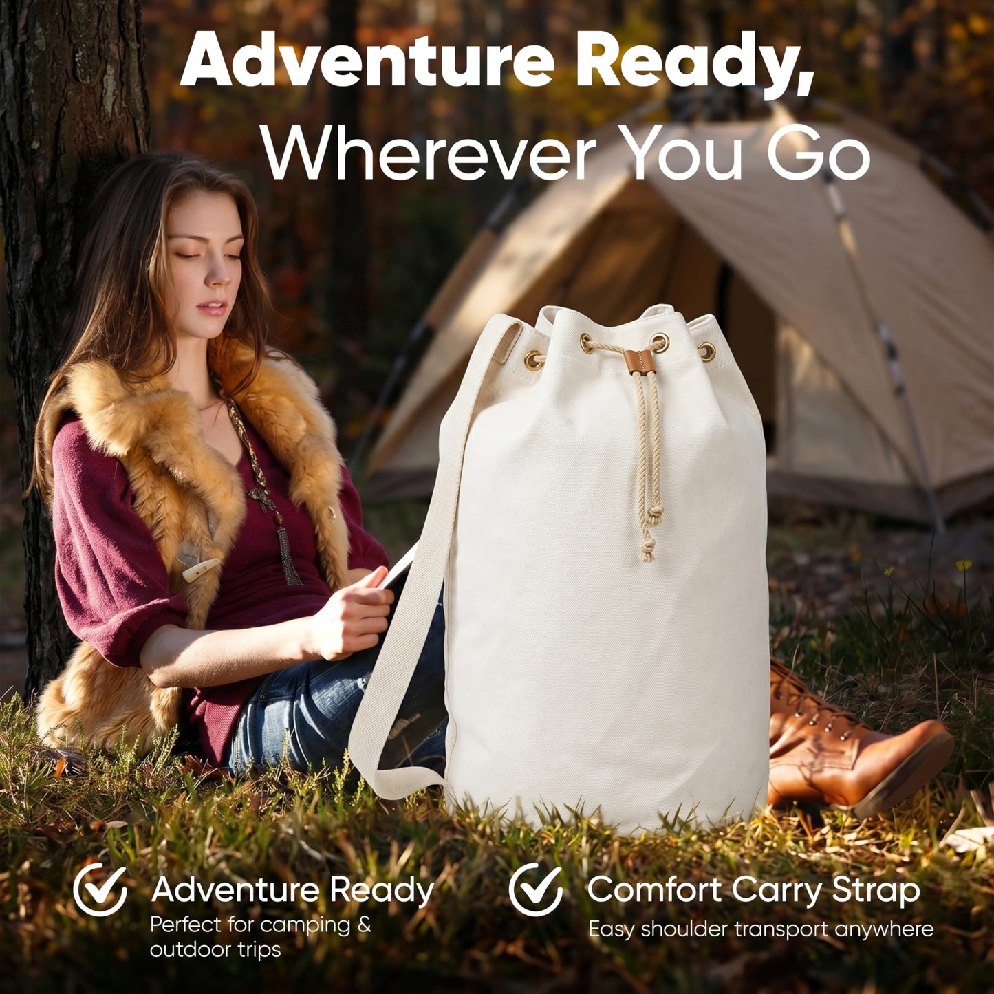 Handy Laundry Canvas Duffel Bag - Drawstring, Leather Closure, Shoulder Strap. (2-PACK)