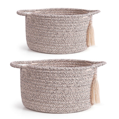 SweetMemo Small Gift Basket Empty Set of 2 - Little Cute Woven Rope Organizer Bins for Baby Shower Gifting, Makeup, Bathroom, Desk, Decorative Vanity - Pre-Shaped, Brown