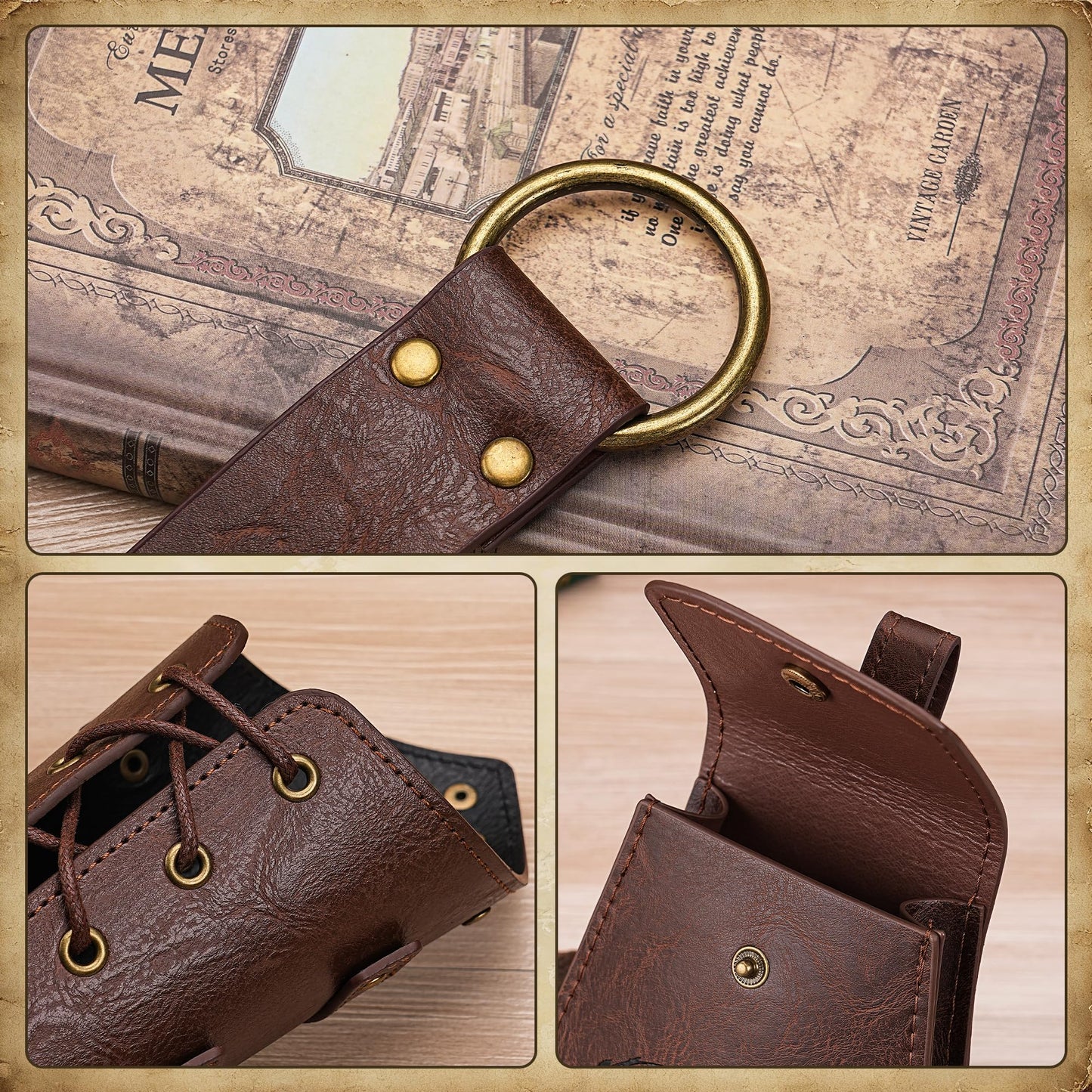 Leadinor 5 Pcs Renaissance Accessories, Medieval Viking Belt Pouch Leather Bracers Sword Frog for Halloween Costume (Brown)