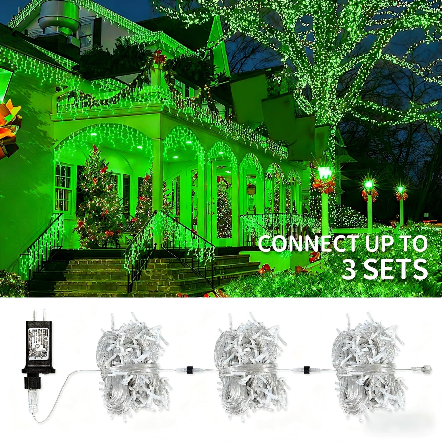 oopswow 33FT 300 LED Icicle Christmas Lights,Waterproof 8 Modes Plug in Curtain Lights with 50 Drops,Green Christmas String Lights for Indoor&Outdoor,Wedding,Party,Bedroom,Home,Wall Decorations