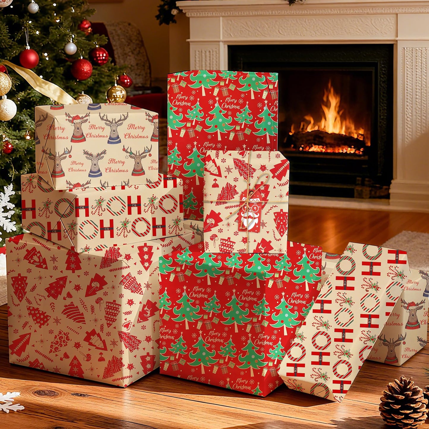 ENFANTRY Christmas Wrapping Paper, 4 Sheets Gift Wrapping Paper Bundle, Christmas Tree Reindeer Head Xmas Gift Paper, Thick Kraft Brown Paper for Chrimas, Birthday, New Year, Valentines, Wedding, Holiday Deco, DIY