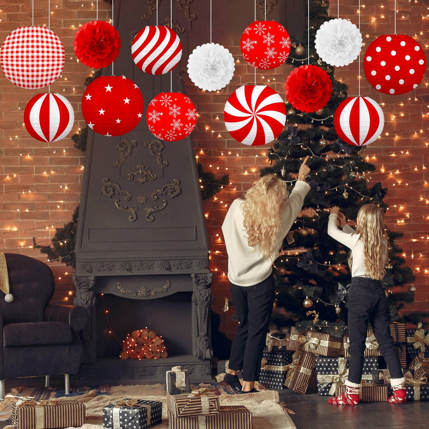 Renbuzhu 13PCS Christmas Decorations Ornaments Set – 9 Red White Hanging Paper Lanterns, 4 Pom Poms for Indoor, Home, Xmas Party, Porch Decor