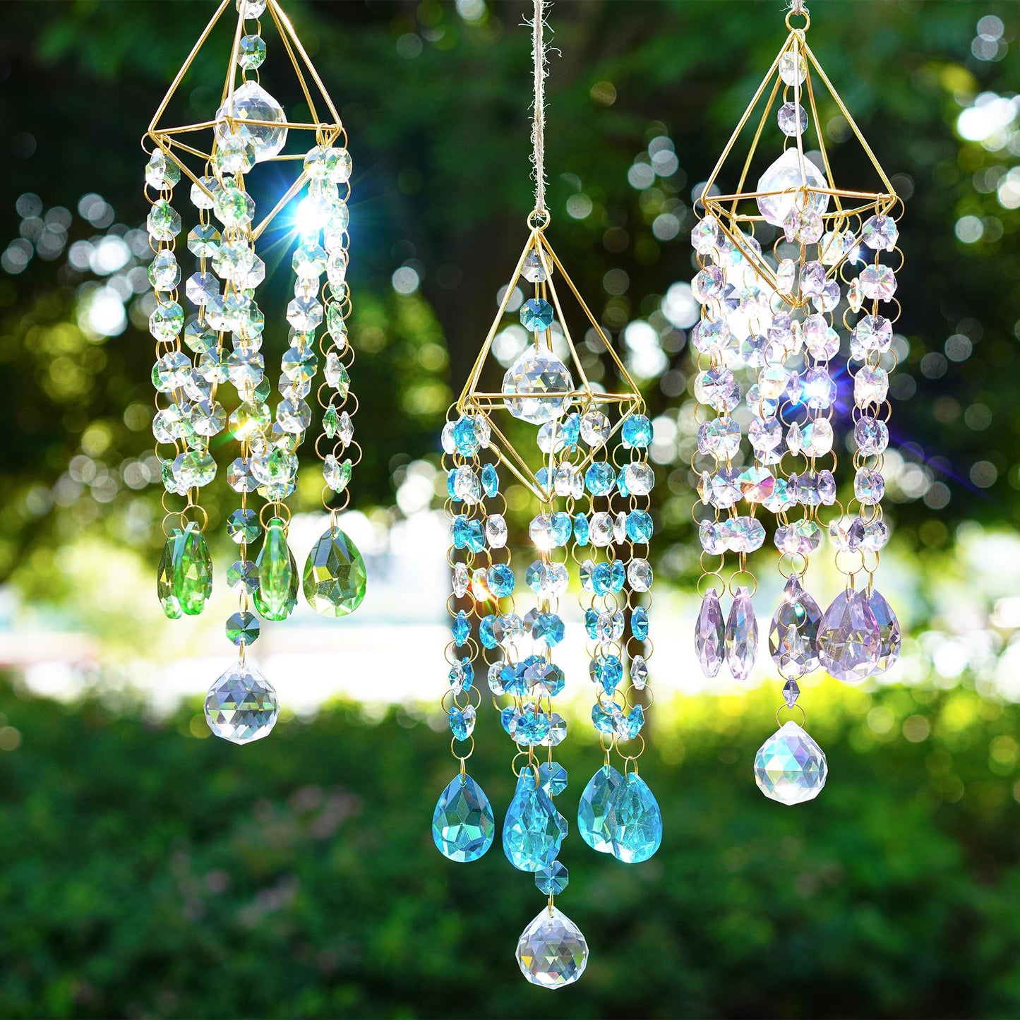HDCRYSTALGIFTS 21.5'' Crystal Suncatchers, Handmade Blue Suncatcher for Window Hanging Crystal Wind Chimes Gold-Plated Sun Catcher with Crystals Indoor Outdoor Decoration Rainbow Maker