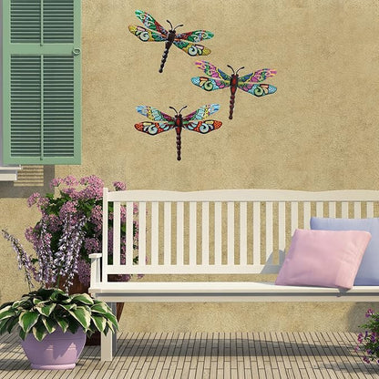 Scwhousi Metal Dragonfly Wall Decor，Outdoor Patio Fenxce Wall Art,Hanging Decorations for Living Room, Bedroom, 3 Pack