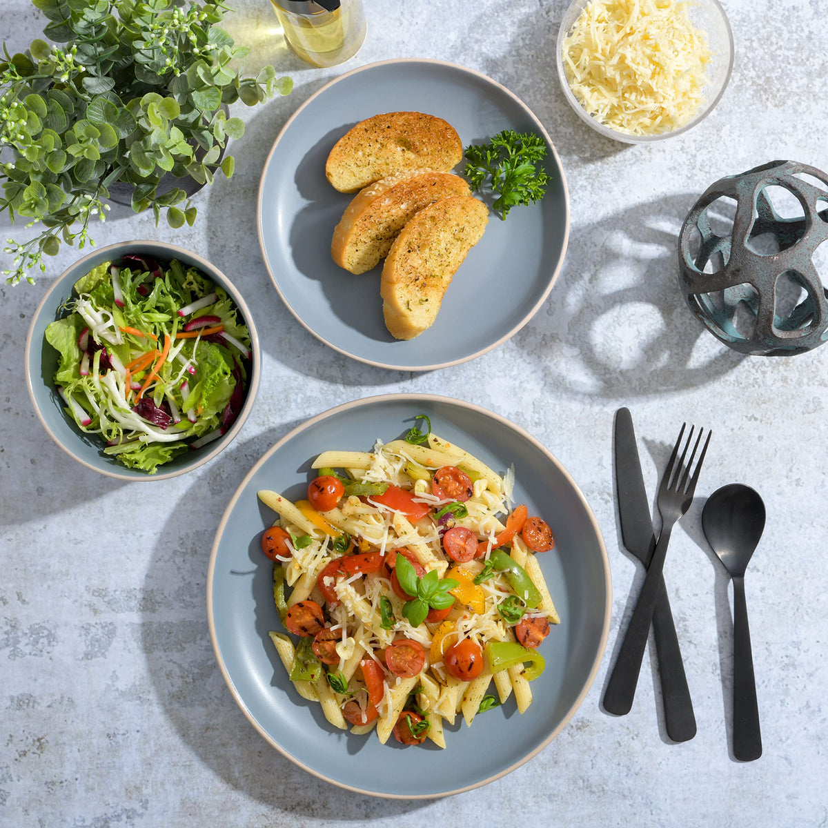 Gibson Home Queenslane 16 Piece Double Bowl Plates and Bowls Dinnerware Sets - Matte Blue
