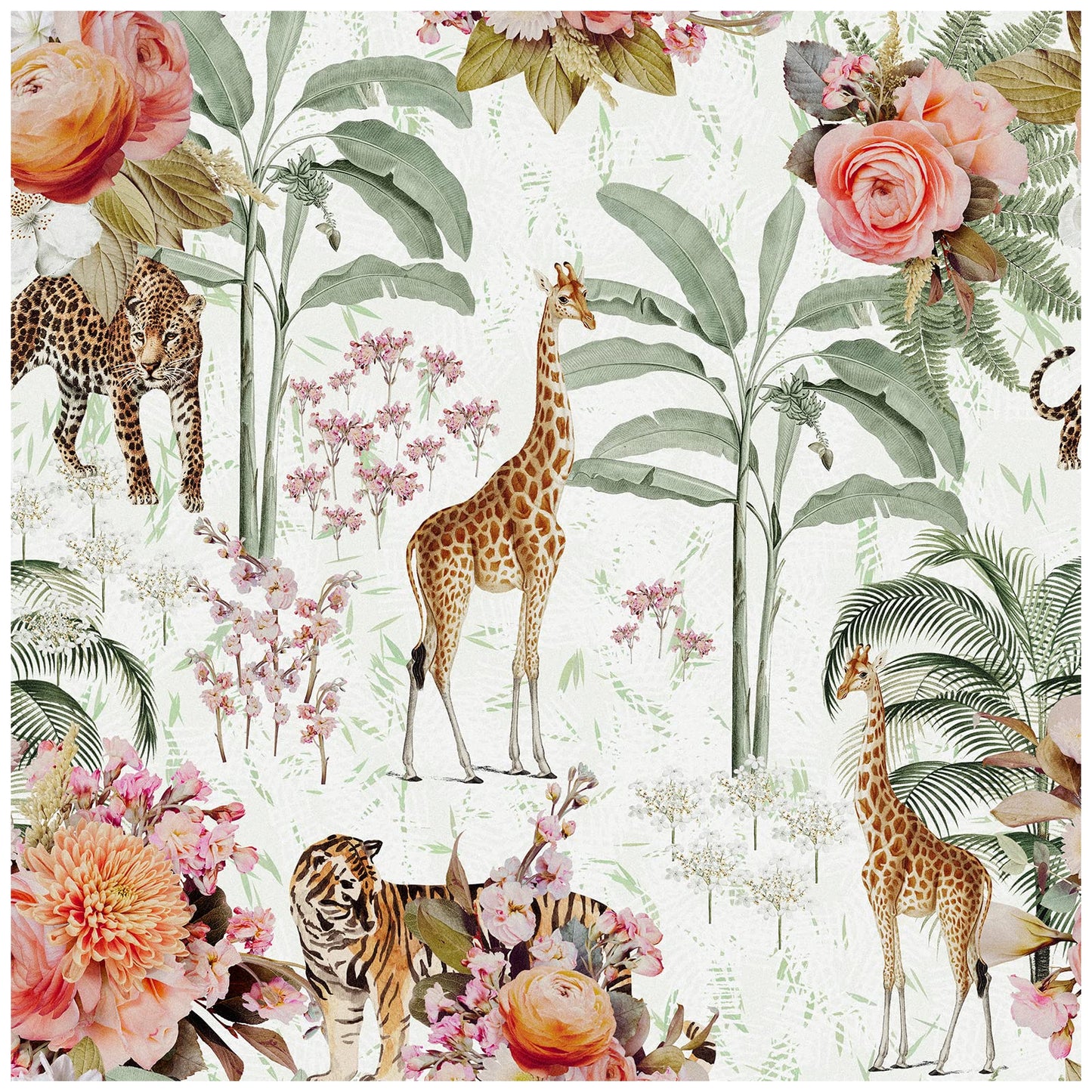 HAOKHOME Forest Peel and Stick Floral Wallpaper Jungle Animal Removable White/Green/Pink Vinyl Self Adhesive Mural 17.7in x 9.8ft