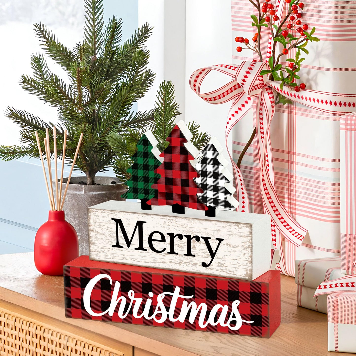 3 Pcs Merry Christmas Table Wooden Decor Christmas Tree Wood Block Sign Xmas Buffalo Plaid Tabletop Centerpiece Xmas Rustic Tiered Tray Decor for Winter Farmhouse Home Kitchen Office Shelf Decoration
