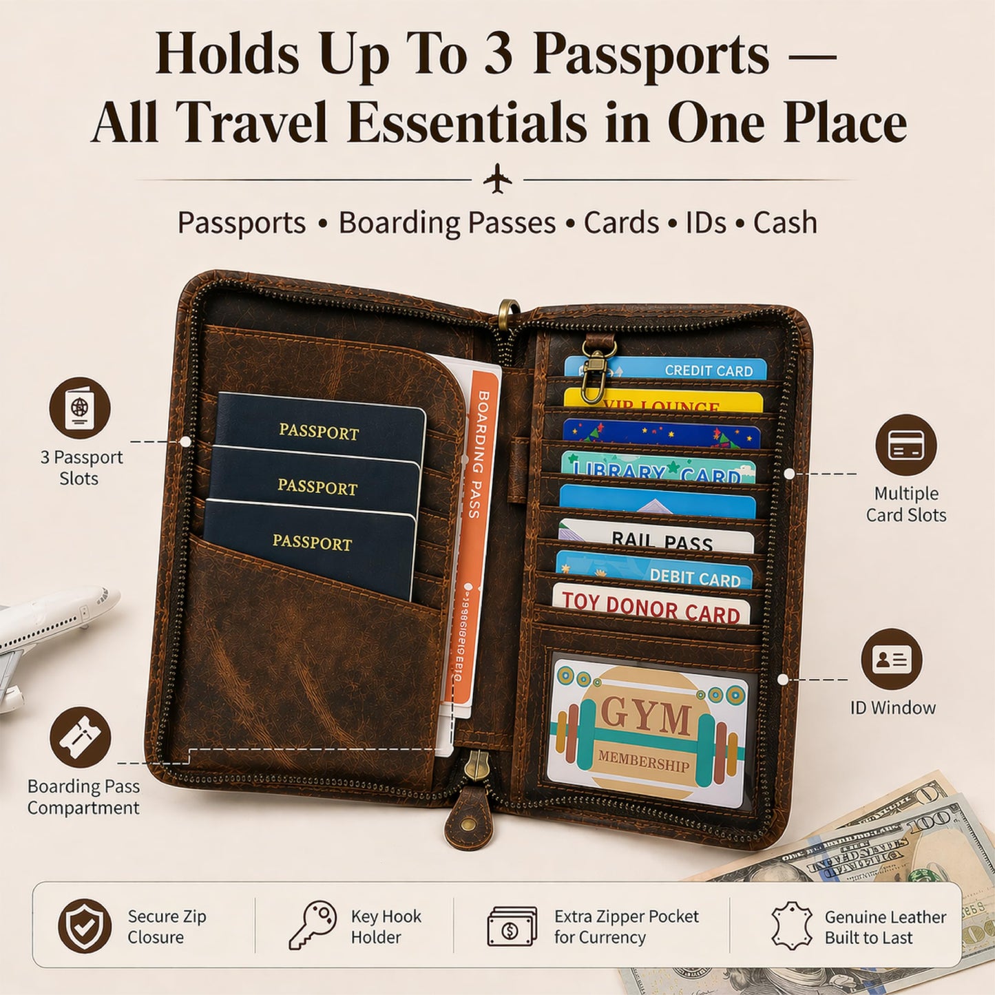 TheAntiq Brown Leather Family Passport Holder - Travel Document Organizer Wallet with Card Slots ID Window Zipper Closure for Multi Passport Storage Travel Use, 5 x 9