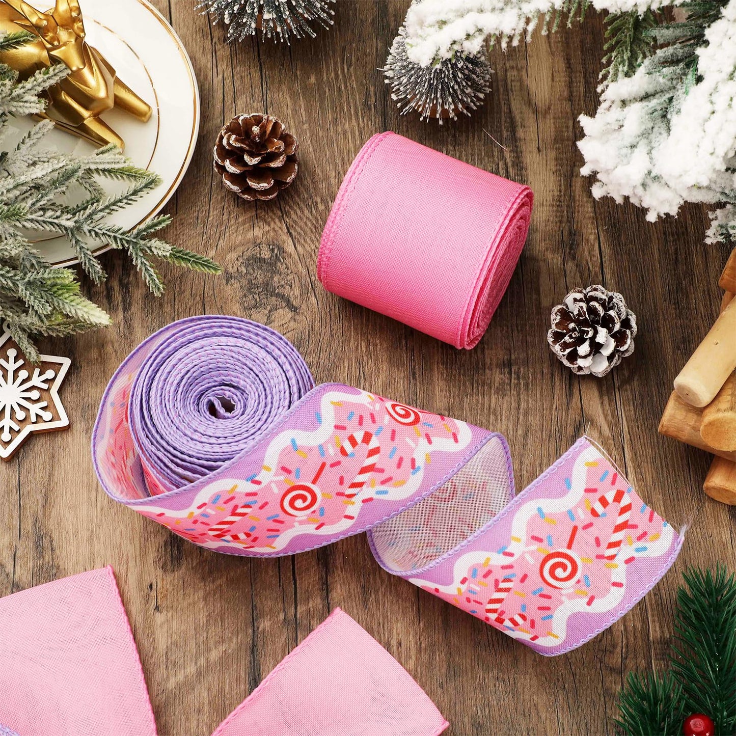 JarThenaAMCS Christmas Wired Edge Ribbon Pink Purple Candy Cane Fabric Craft Ribbon for Wreath Bow Making DIY Crafts Wrapping, 2 Roll, 20 Yards