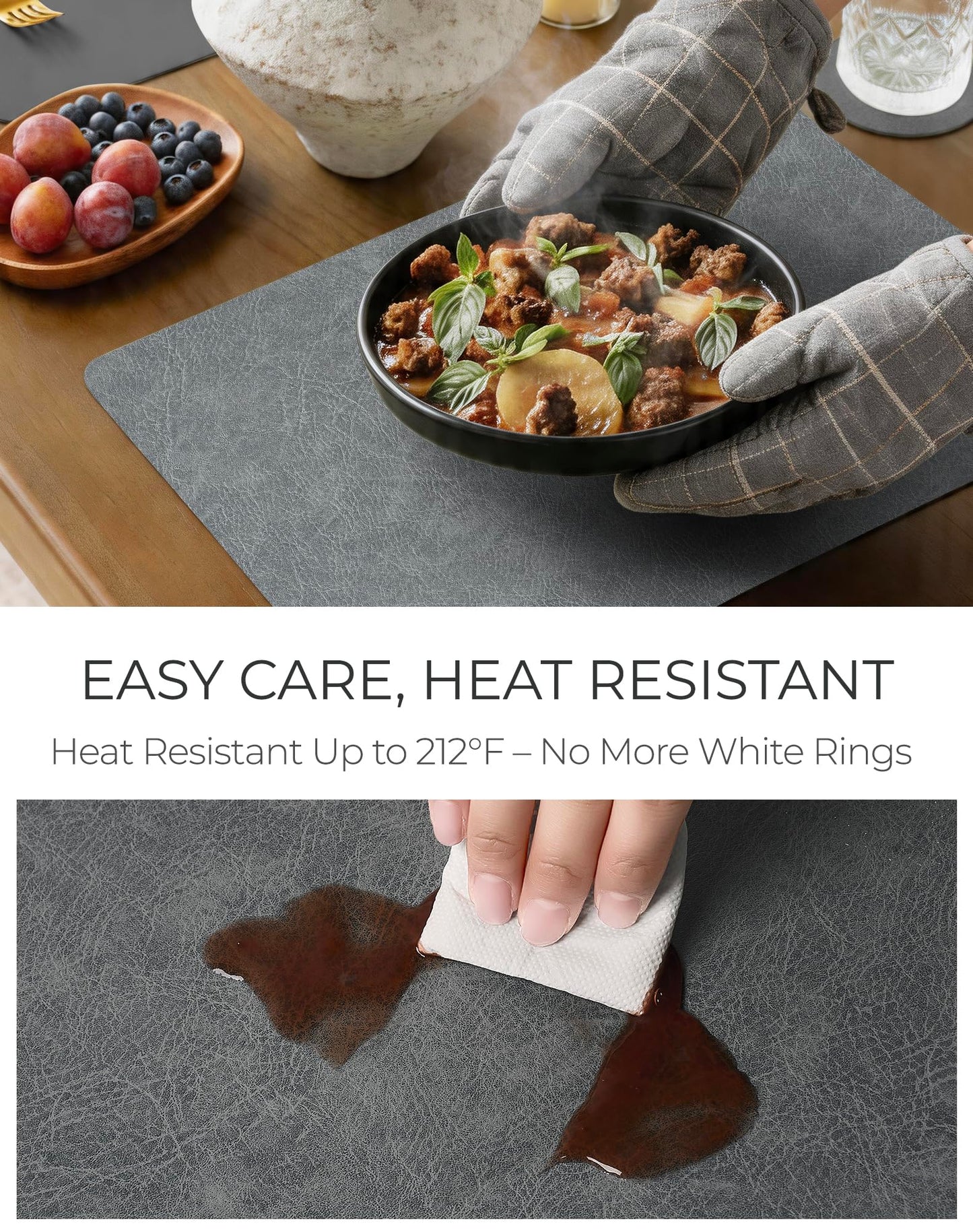 Leetaltree Reversible Faux Leather Placemats Set of 6, 12x17 Inch – Hotel-Quality Heat Resistant & Waterproof Wipeable Table Mats, Non-Slip for Dining Kitchen (Mist Crey, 6 Pack)