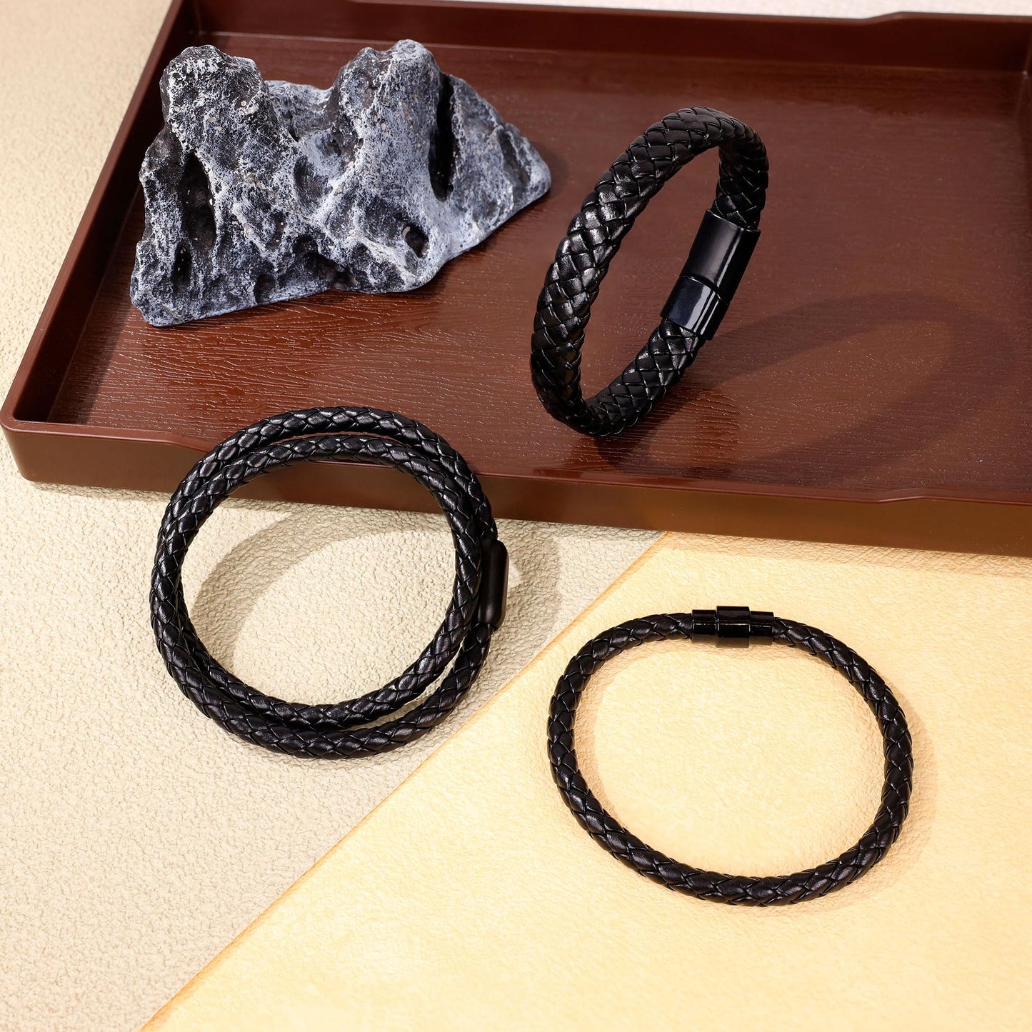 SOMEITIA 3Pcs Genuine Italian Braided Leather for Men Women Leather Wrist Cuff Bracelets Black Brown Stainless Steel Clasp Wrap Wristband Black 7.5 Inch