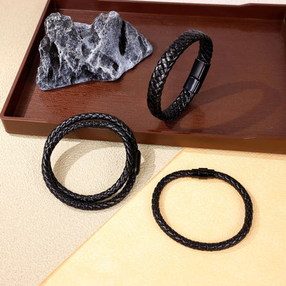 SOMEITIA 3Pcs Genuine Italian Braided Leather for Men Women Leather Wrist Cuff Bracelets Black Brown Stainless Steel Clasp Wrap Wristband Black 9.0 Inch