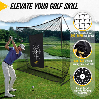 PodiuMax Golf Net, 10x7ft Golf Practice Net with Noise Reduce Silk Target Driving Real Balls, Hitting Nets for Backyard Garage, Improve Chipping Putting Pitching,Gift for Men & Golfers