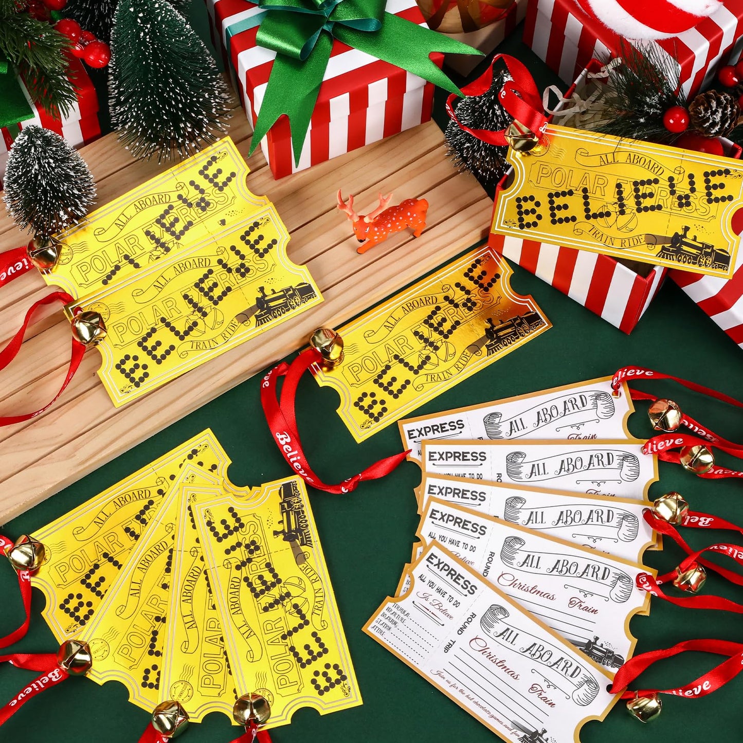 30 Pack Christmas Polar Golden Tickets Ornaments Bulk Polar Express Ticket Bell Set with Believe Bells Christmas Decorations for Polar Party Favors Xmas Gifts Holiday Decor