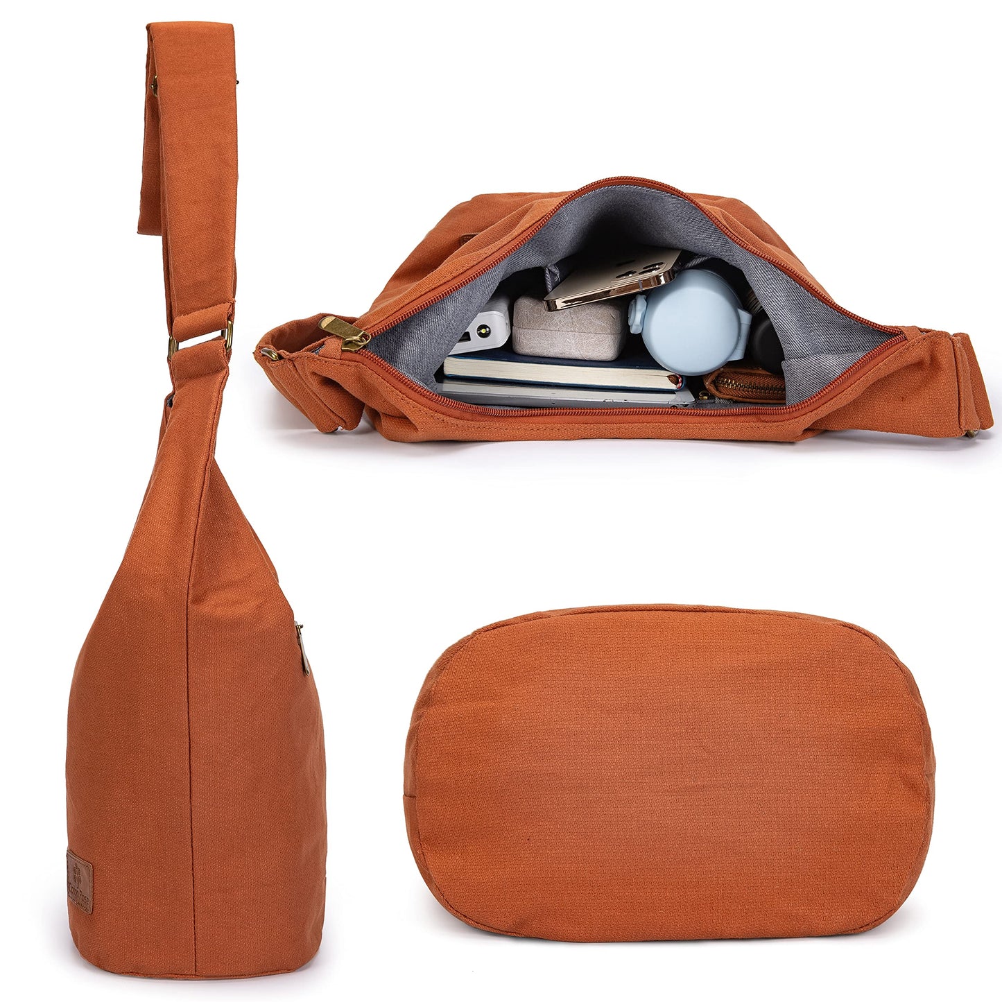 Hippie Crossbody Bag Top Zip Large Size Canvas Sling Bag Jacquard cloth Handmade Bags (Orange)