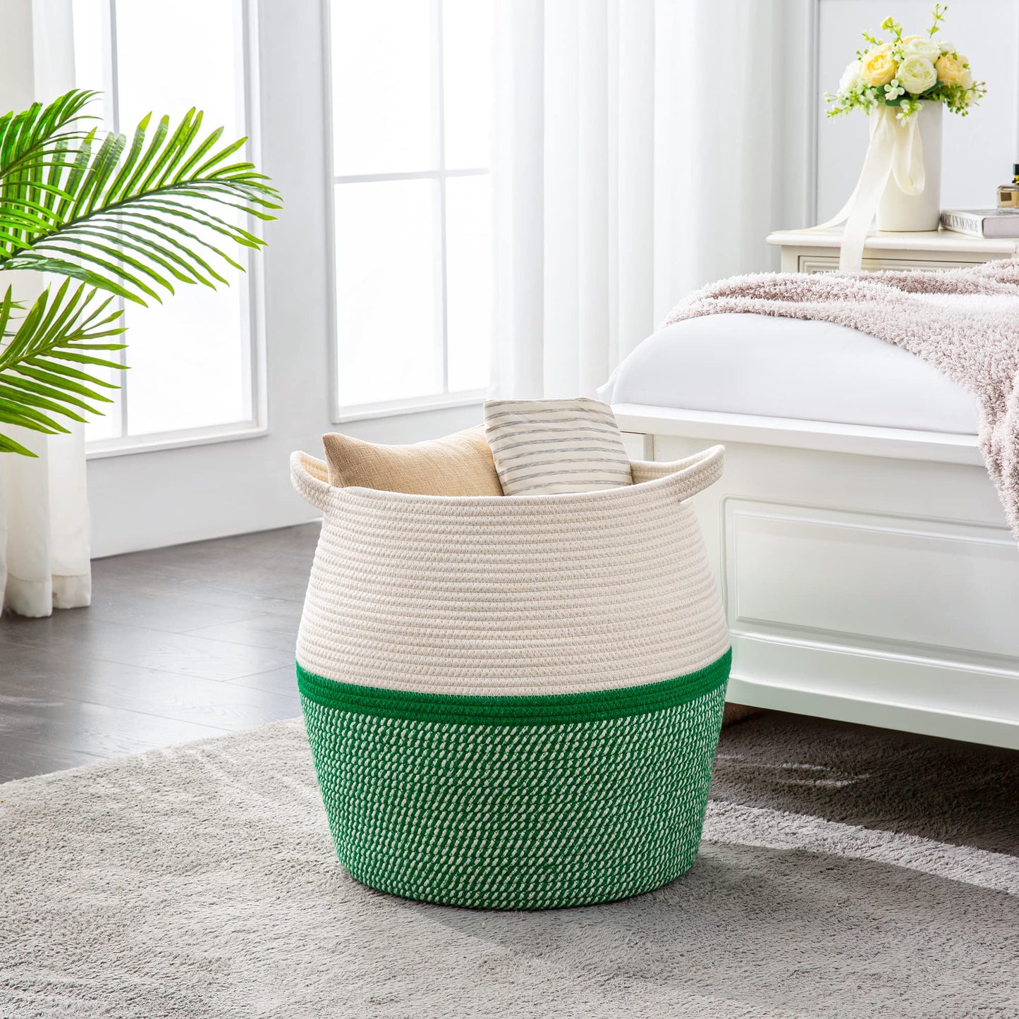 KAKAMAY Woven Baskets for Storage(17"x17"),Large Cotton Rope Woven Baby Laundry Hamper,Collapsible Laundry Basket, Blanket Basket for Organizing Living Room,Nursery,Pillows,Toy Chest(Green)