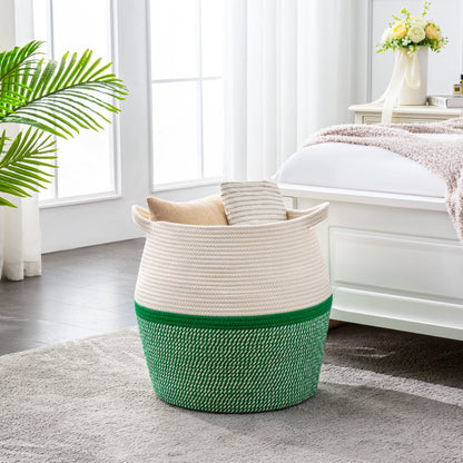 KAKAMAY Woven Baskets for Storage(17"x17"),Large Cotton Rope Woven Baby Laundry Hamper,Collapsible Laundry Basket, Blanket Basket for Organizing Living Room,Nursery,Pillows,Toy Chest(Green)