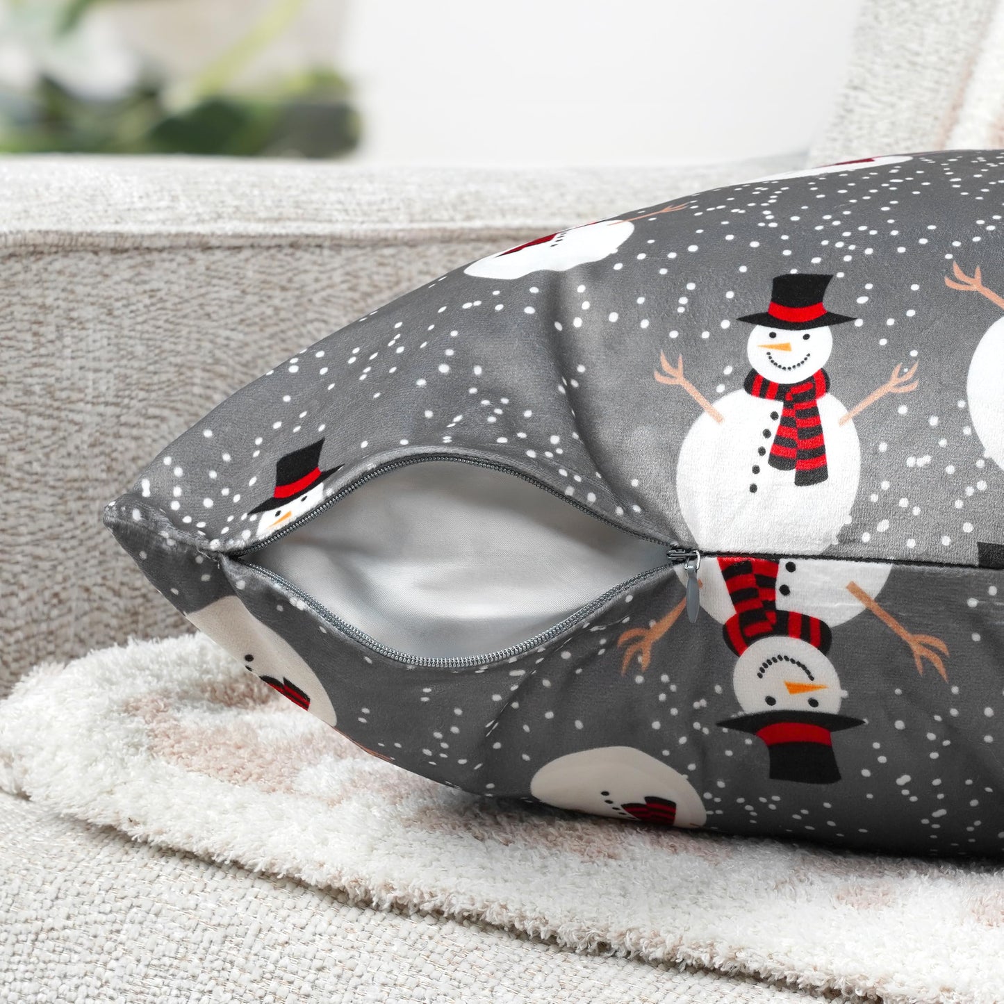 PAVILIA Holiday Velvet Fleece Throw Pillow Covers 20x20 Set of 2, Soft Decorative Cushion Covers for Couch Sofa Bed, Christmas Winter Square Accent Pillow Cases with Hidden Zipper, Snowman Gray