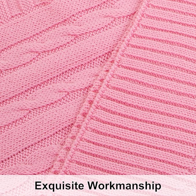 NTBAY 100% Pure Cotton Oversize (60x80) Cable Knit Throw Blanket, Super Soft Warm Knitted Throw Blanket for Bed, Sofa, Chair, Couch - Extra Cozy, Machine Washable, Comfortable Home Decor, Pink