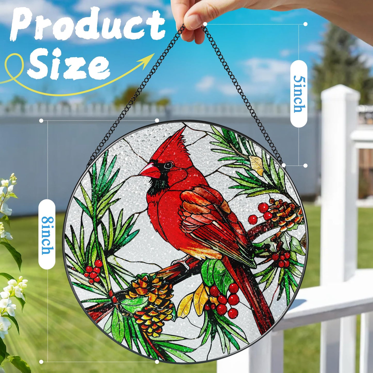 Stained Glass Window Hanging, 8 Inch Cardinal Sun Catcher, Stained Glass Decor, Suncatchers for Windows Hanging, Cardinal Window Decor, Gift for Bird Lovers, Gifts for Mom Grandma