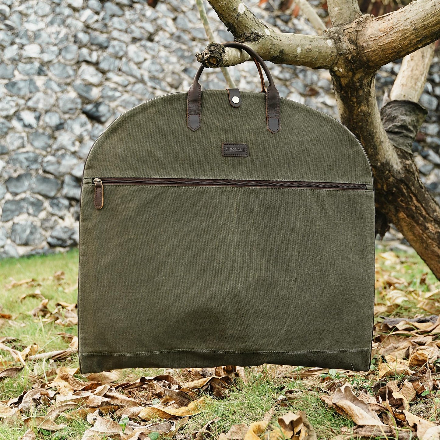 Polare 43” Waxed Canvas Full Grain Leather Trim Carry On Garment Bag for Travel, Waterproof Dust-Proof Foldable Hanging Suitcase Weekender Garment Cover with YKK Zipper (Army Green)