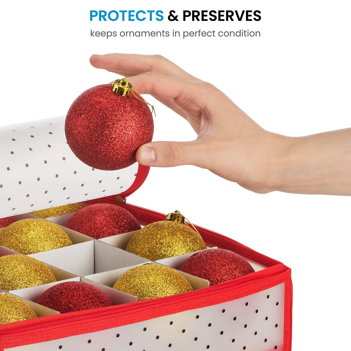 ZOBER Christmas Ornament Storage Box - Stores 128 Ornaments W/ 2 Sided Zipper - Flexible Plastic Christmas Ornament Storage Containers - 3 Inch Cube Compartments - Red