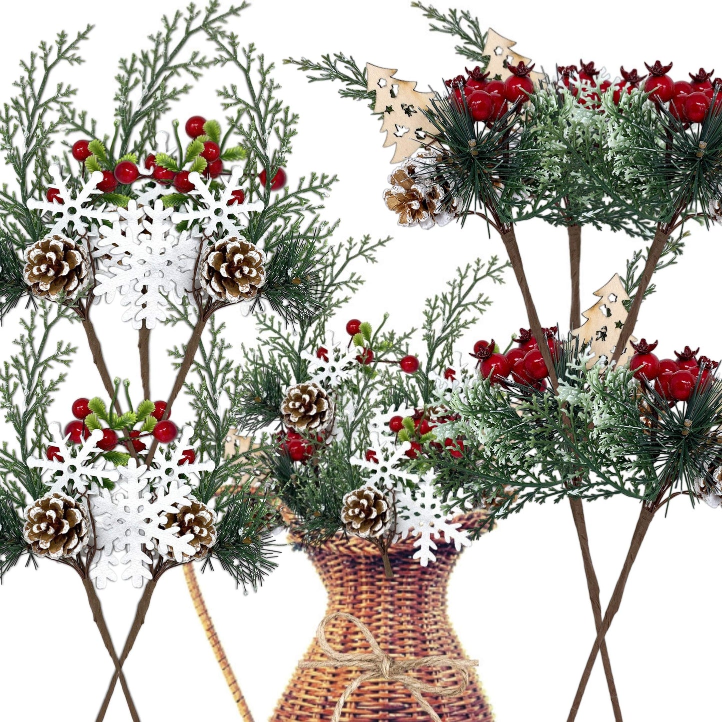 Christmas Floral Picks Set of 20, Snow Tip Pinecone Red Berry Sprays, 10 Inch Holiday Greenery Stems for Wreaths, Garlands, Christmas Tree Decor, Flower Arrangements, DIY Winter Crafts, 2 Styles