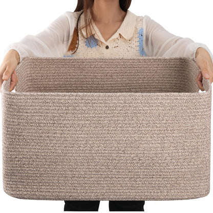 OIAHOMY 75L Large Blanket Basket, Woven Blanket Storage Basket with Handle, Cotton Rope Basket for Organizing 22”x17”x12”, Blanket Basket living Room, Toy Basket for Nursery, Brown variegated