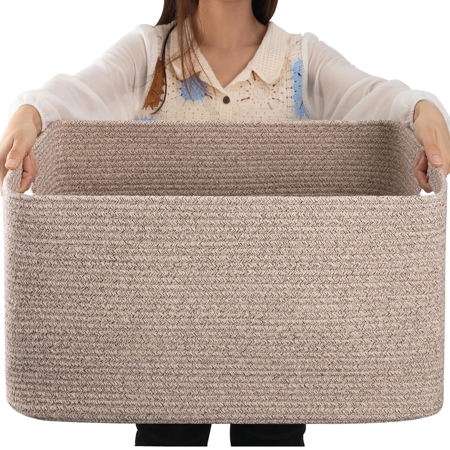 OIAHOMY 75L Large Woven Cotton Rope Storage Basket with Handle for Organizing Blanket and Toys for Living Room, Nursery, Brown Variegated 22”x17”x12”
