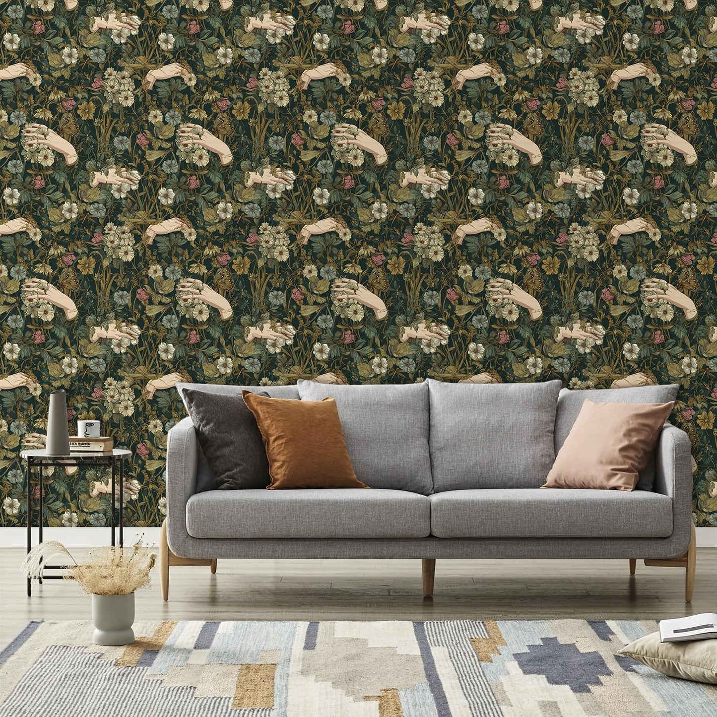 LHIUEM Gothic Flower and Hands Contact Paper Victorian Goth Hands Whimsical Wallpaper Dark Academia Peel Stick Wallpapers(17.3"×118") Boho Whisty Flowers Vintage Wallpaper for Room Wall Cabinet