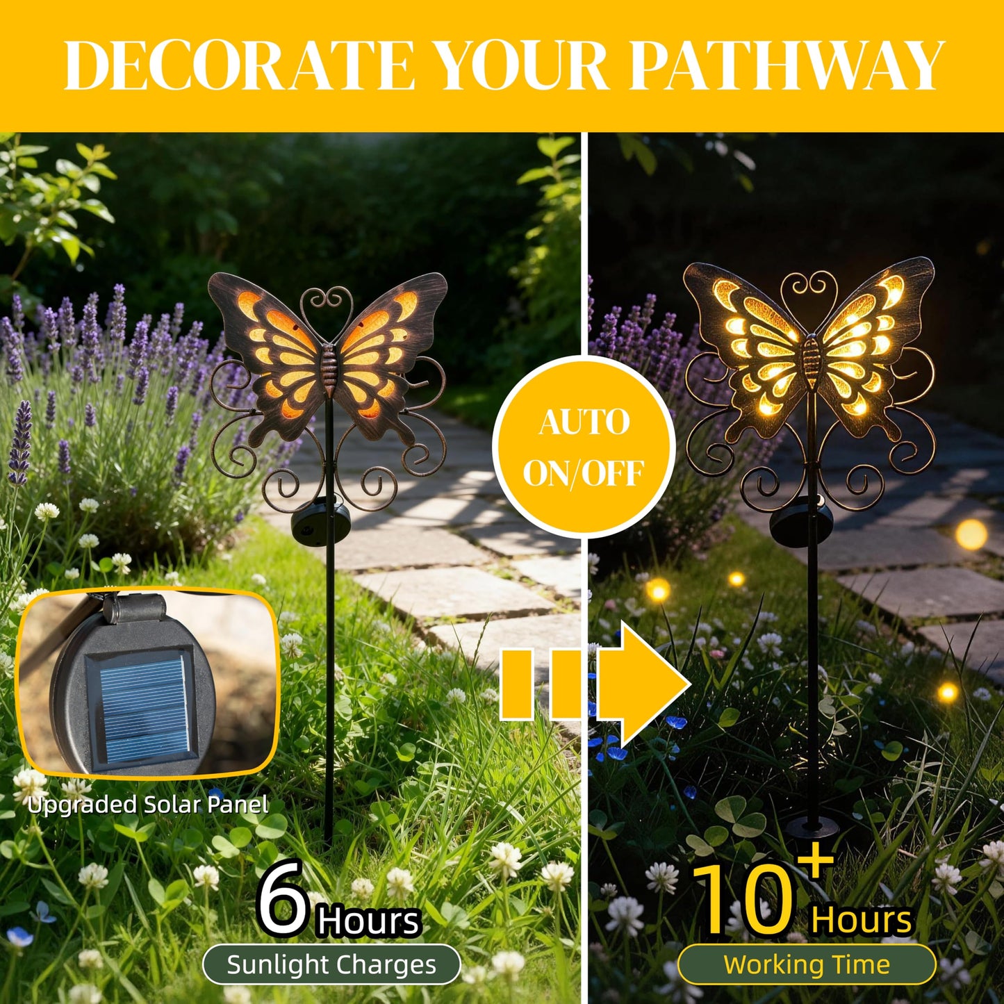 Lune cle Butterfly Solar Lights for Outside, 36 inches Waterproof Metal Solar Pathway Lights, Large Solar Butterfly Lights Outdoor Garden Decor, Warm Amber LED Stake Lights Outdoor Yard