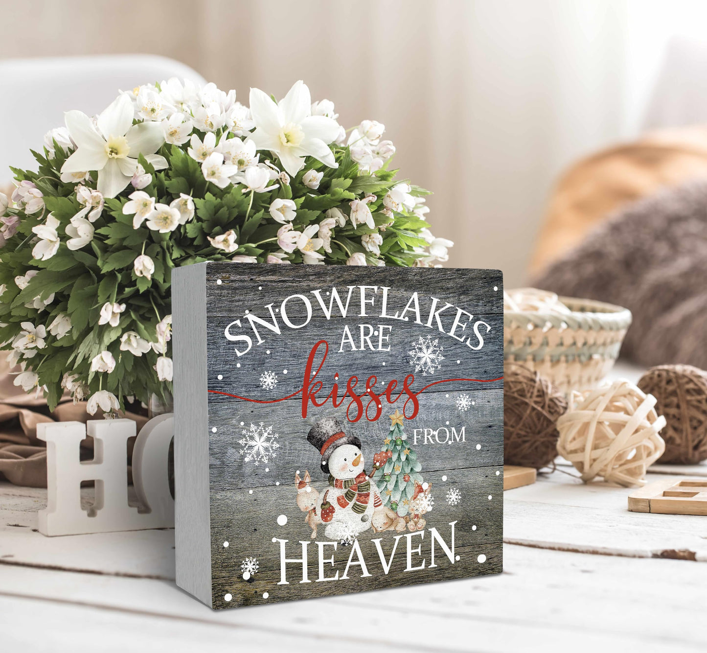 SRADMO Christmas Snowflakes are Kisses from Heaven Wood Box Sign Desk Decor, Winter Signs Box Sign Decoration for Home Office, Snowman Decor Signs Plaques