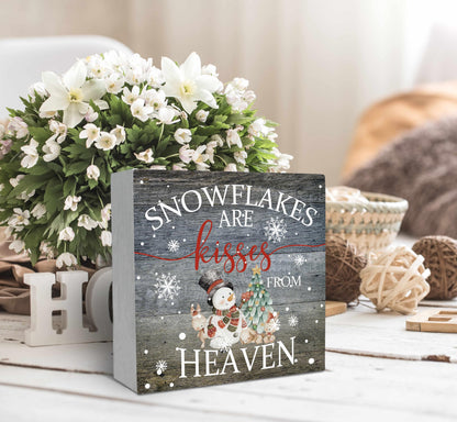 SRADMO Christmas Snowflakes are Kisses from Heaven Wood Box Sign Desk Decor, Winter Signs Box Sign Decoration for Home Office, Snowman Decor Signs Plaques