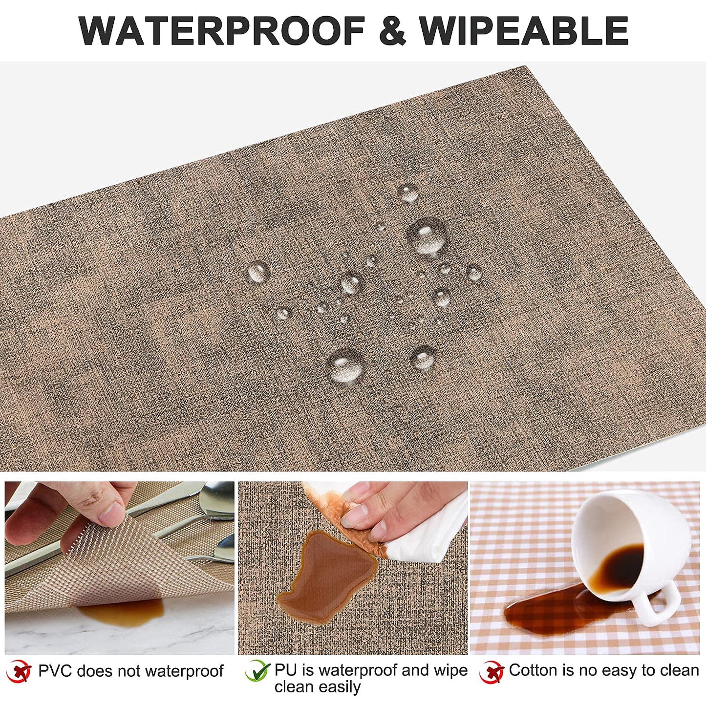 LANDVIEW Leather Heat Resistant Placemats Set of 6 Waterproof Wipeable Washable PU Table Mats,Easy to Clean Anti-Slip (6, Dark Brown)