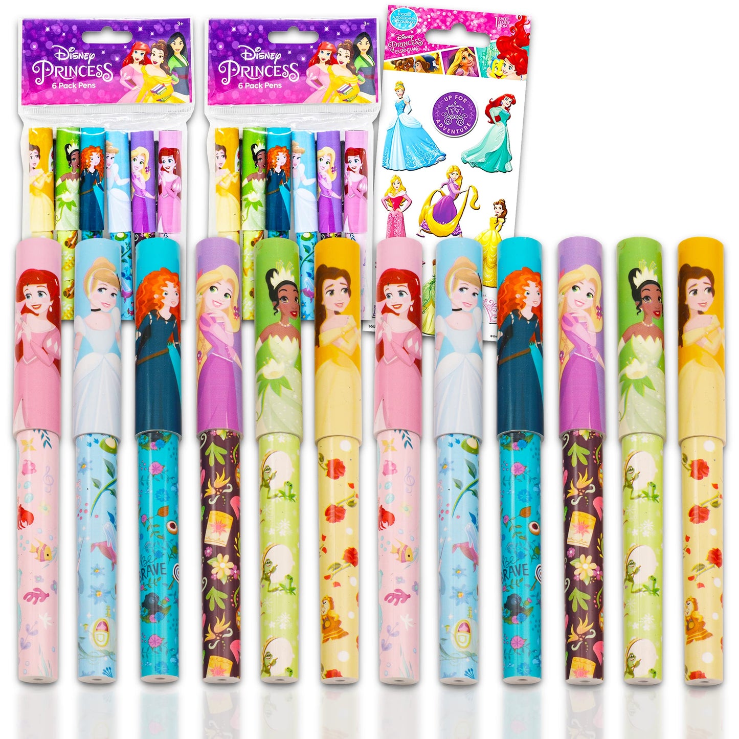Disney Princess Pens Value Bulk Set Bundle - 12 Pack Princess Ballpoint Pens with Stickers (Princess School Supplies, Office Supplies, Party Favors)