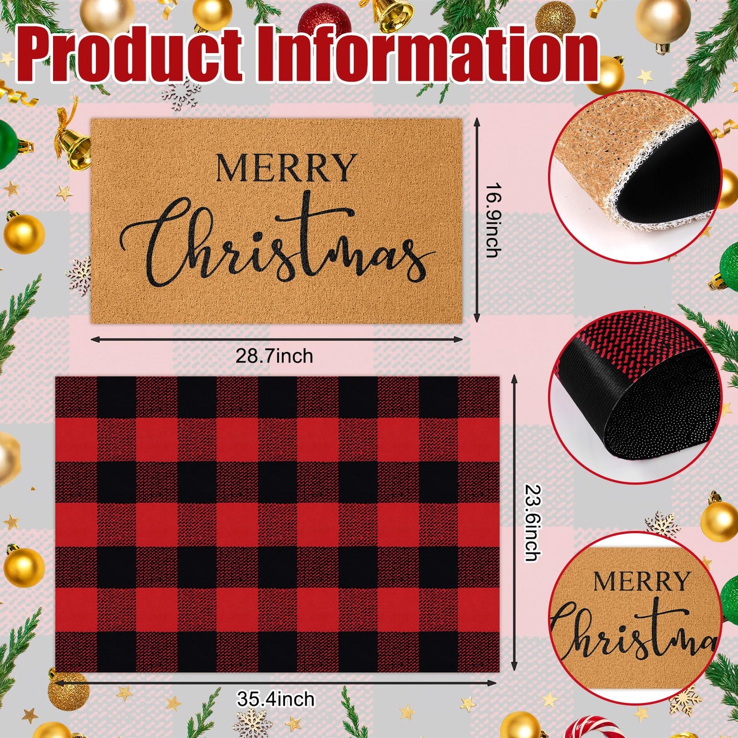 Duraaamo 2 Pcs Christmas Doormat Merry Christ Non Slip Outdoor Rug Xmas Welcome Layered Buffalo Floor Mats for Front Porch Entryway(Red Black,Plaid)