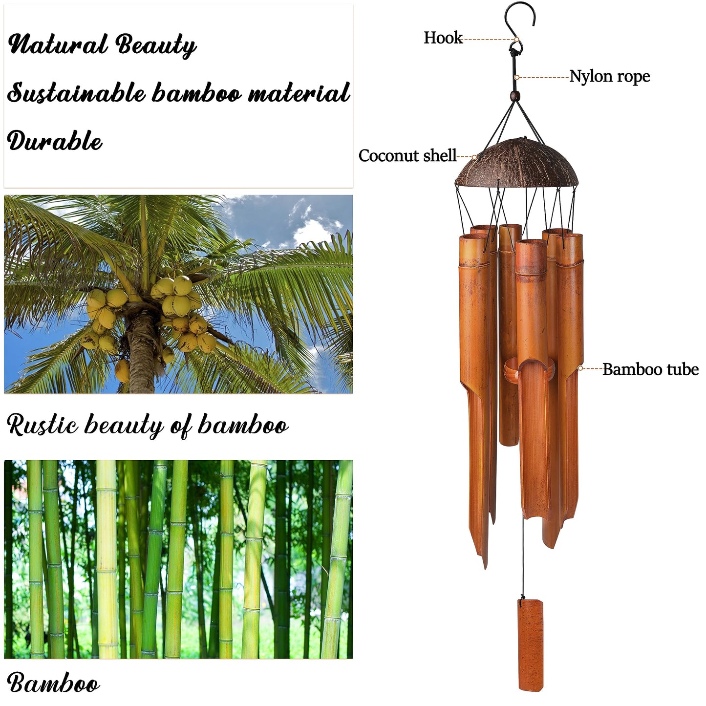 Nowpis Bamboo Wind Chimes 38" 6 Pipes, Handcrafted Wooden Wind Chime Bring a Unique and Soothing Melody, Create a Zen Atmosphere for Outdoor Indoor Decor, for Sympathy, Memorial