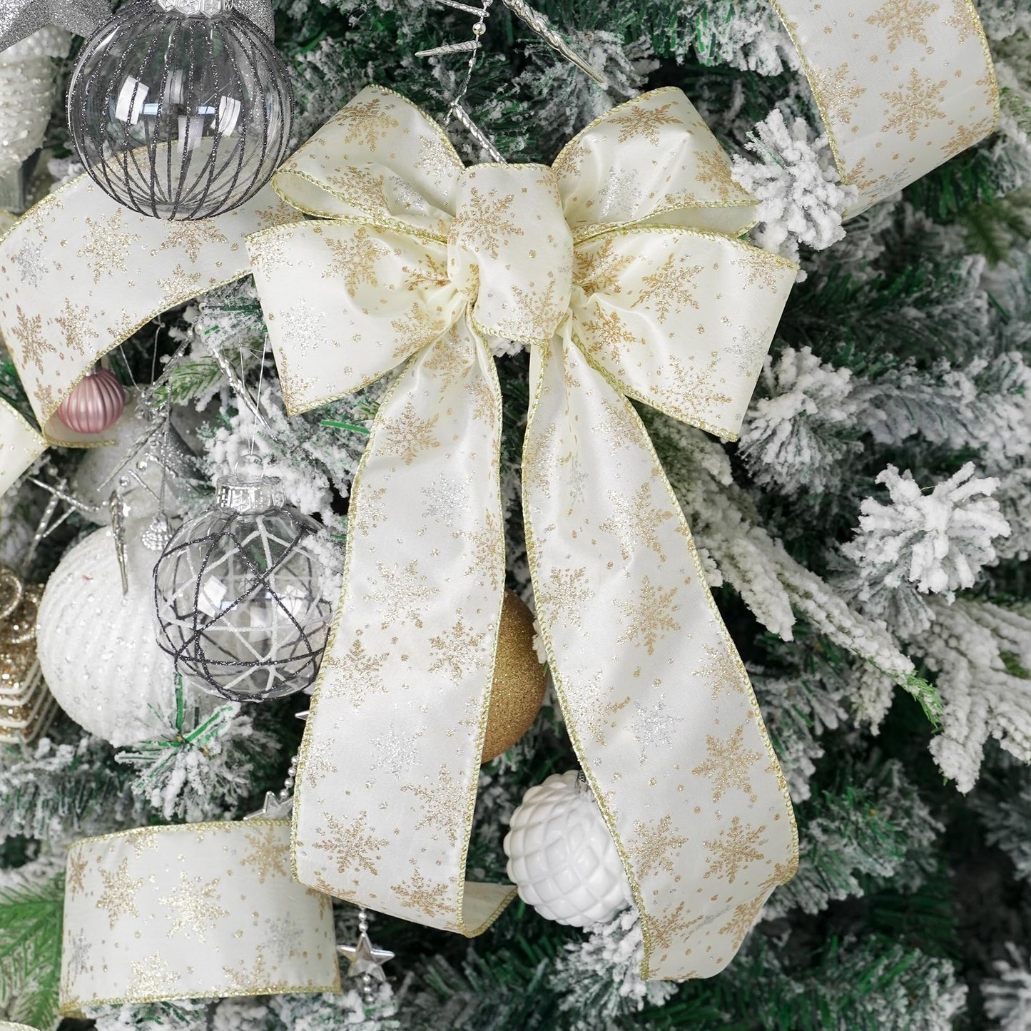 AIMUDI Ivory Snowflake Ribbon 2.5" Ivory and Gold Christmas Satin Wired Ribbon for Gift Wrapping Christmas Trees Wreaths Garlands Crafts Tree Topper Bows Home Decor- 10 Yards